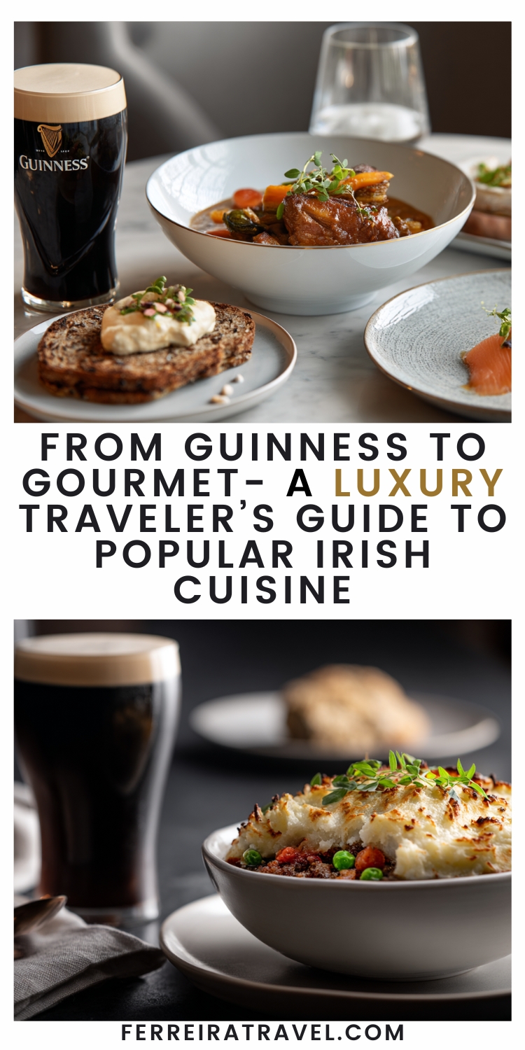 A guide to luxury travel in Ireland featuring popular Irish cuisine, including Irish stew and Guinness.