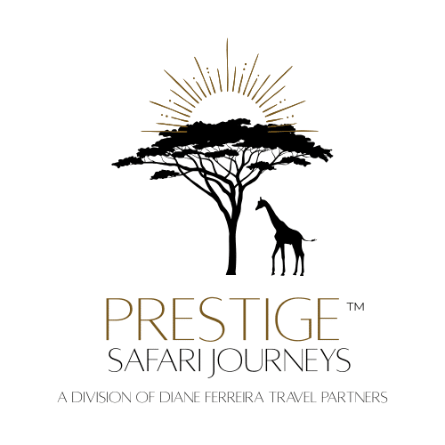 Prestige Safari Journeys Logo with a Giraffe, an Acacia Tree and the sun